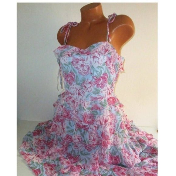 WAYF Chiffon Tiered Ruffle Dress Midi Plus Size 1X Tie Shoulder Blue Pink - Picture 5 of 10